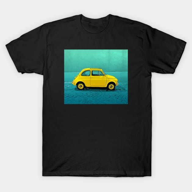 Classic yellow Fiat 500 on an aqua street T-Shirt by CACreative